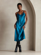 100% Mulberry Silk Spaghetti Strap V Neck Midi Dress