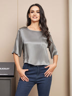 100% Mulberry Silk Women's Blouse Short Sleeve Boxy Crop Top
