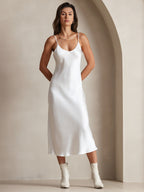 100% Mulberry Silk Spaghetti Strap V Neck Midi Dress