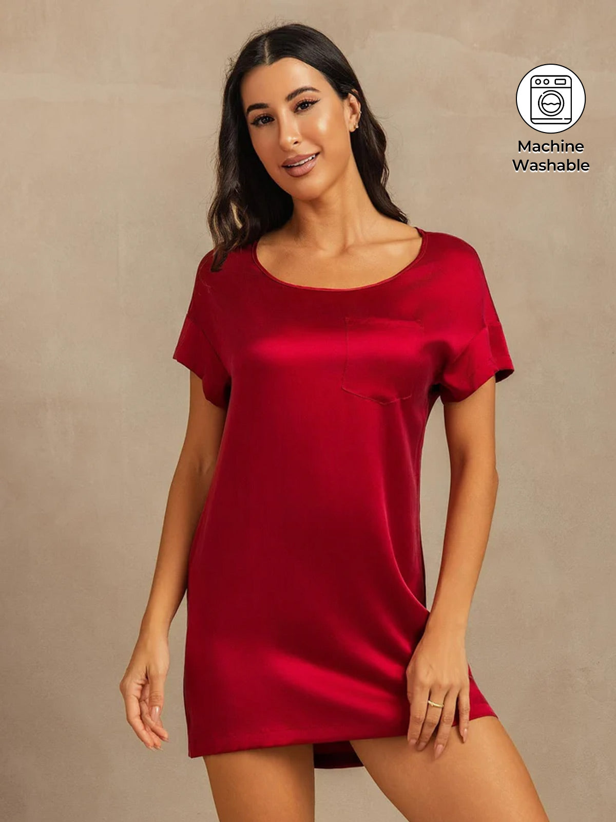 19Momme Washable Silk Short Sleeve Round Neck Short Nightgown